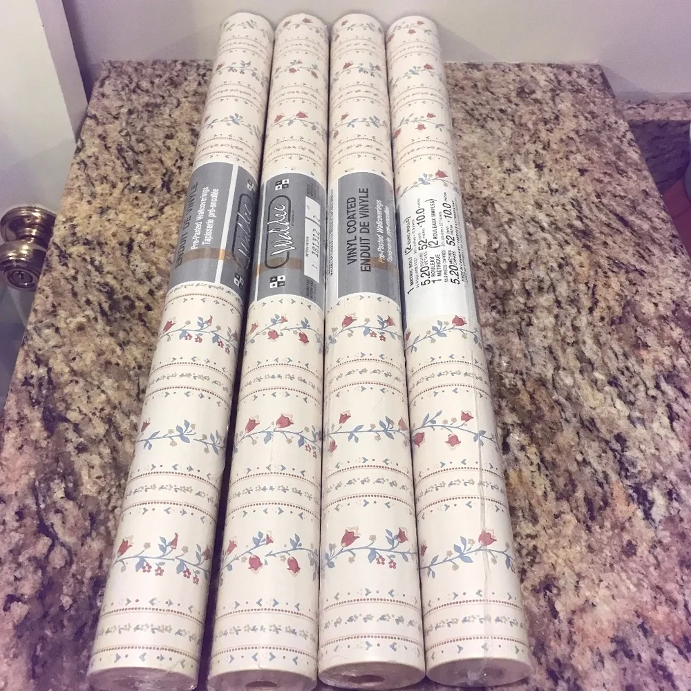 Vintage 4 rolls florals striped cottage vinyl wallpaper